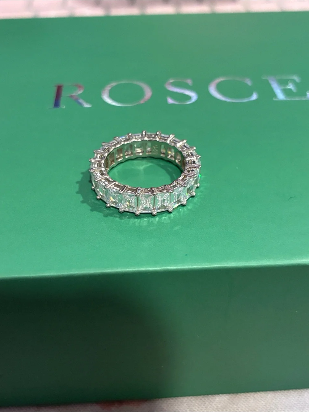 Silver Baguette-Cut Eternity Band - Pink Accent Styling